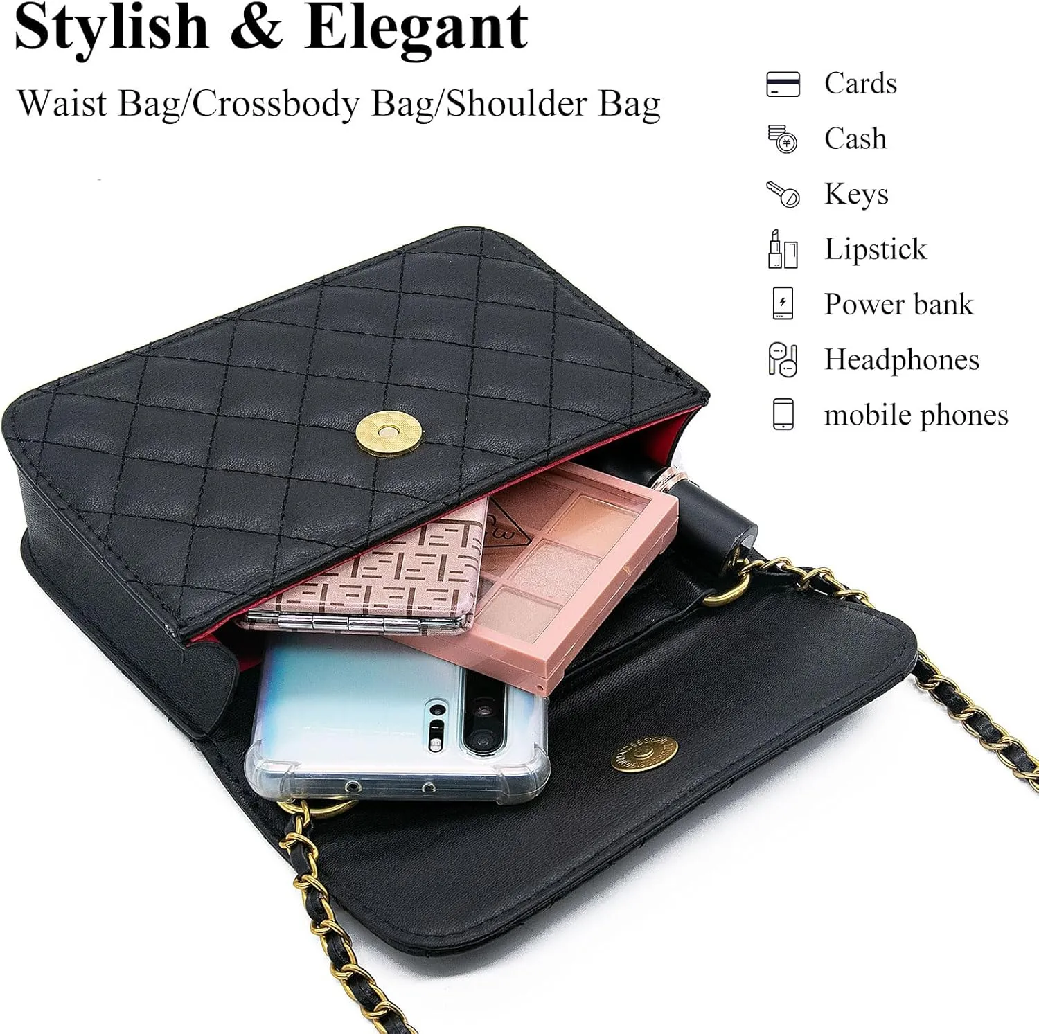 YAMEIZE Fashionable Mini Chain Belt Bag - PU Leather Small Crossbody Bag Chain Belt Purse for Women Trendy Waist Bag