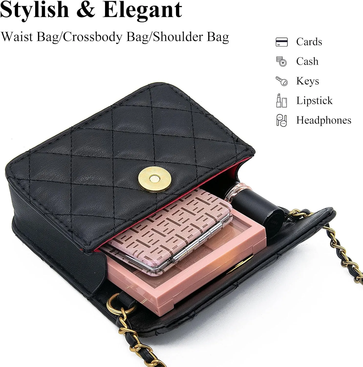YAMEIZE Fashionable Mini Chain Belt Bag - PU Leather Small Crossbody Bag Chain Belt Purse for Women Trendy Waist Bag