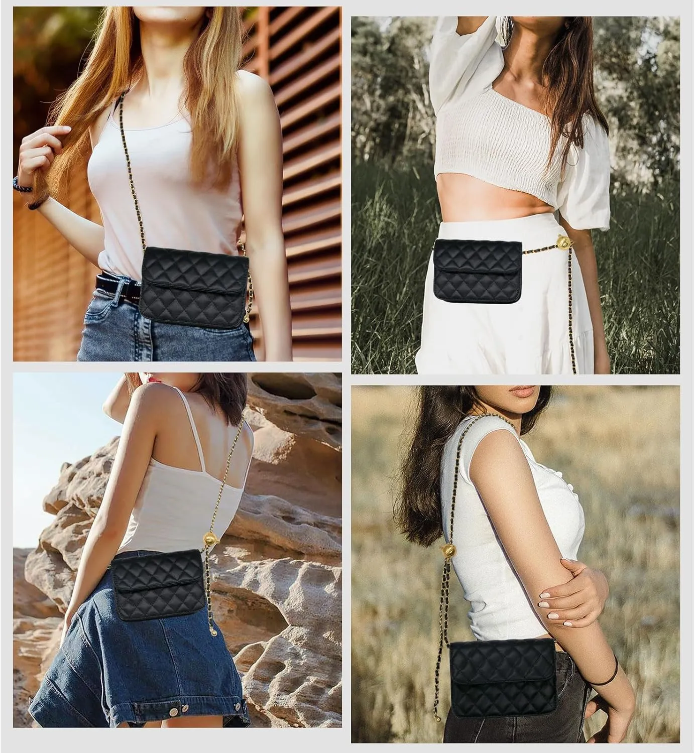YAMEIZE Fashionable Mini Chain Belt Bag - PU Leather Small Crossbody Bag Chain Belt Purse for Women Trendy Waist Bag
