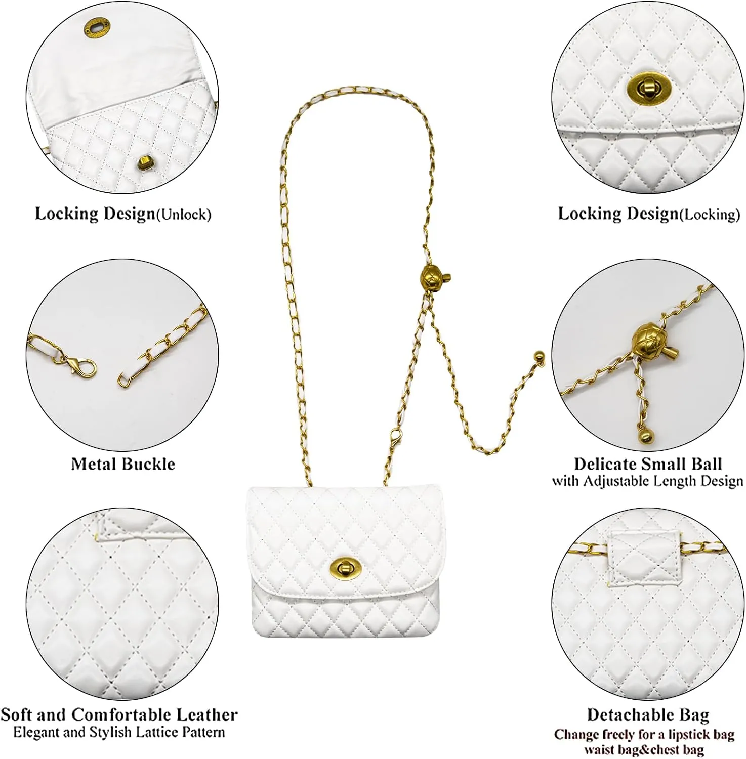 YAMEIZE PU Leather Chain Belt Bag for Women - Crossbody Waist Bag Fanny Pack Detachable Belt Chain Women Evening Mini Handbag
