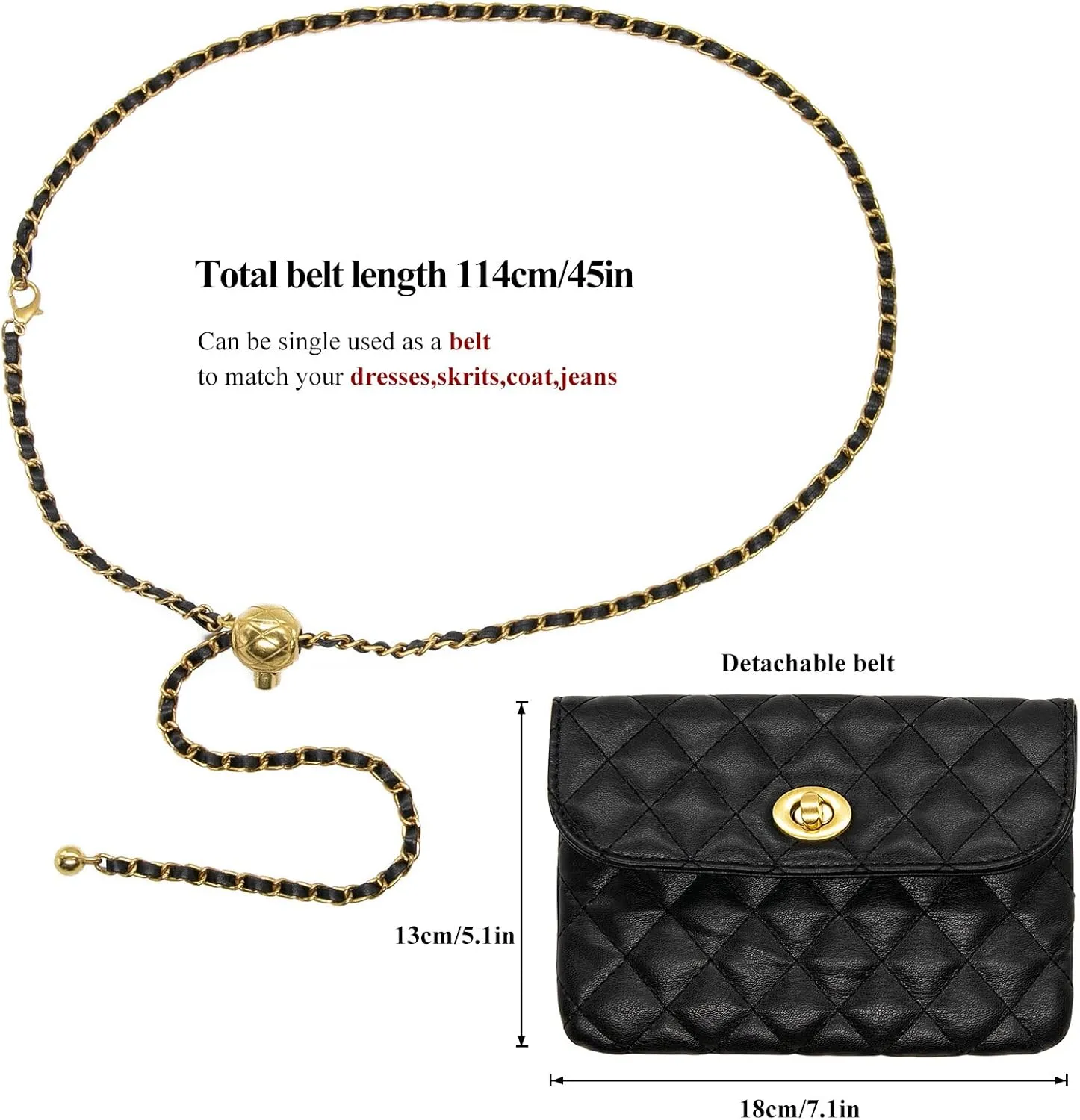YAMEIZE PU Leather Chain Belt Bag for Women - Crossbody Waist Bag Fanny Pack Detachable Belt Chain Women Evening Mini Handbag