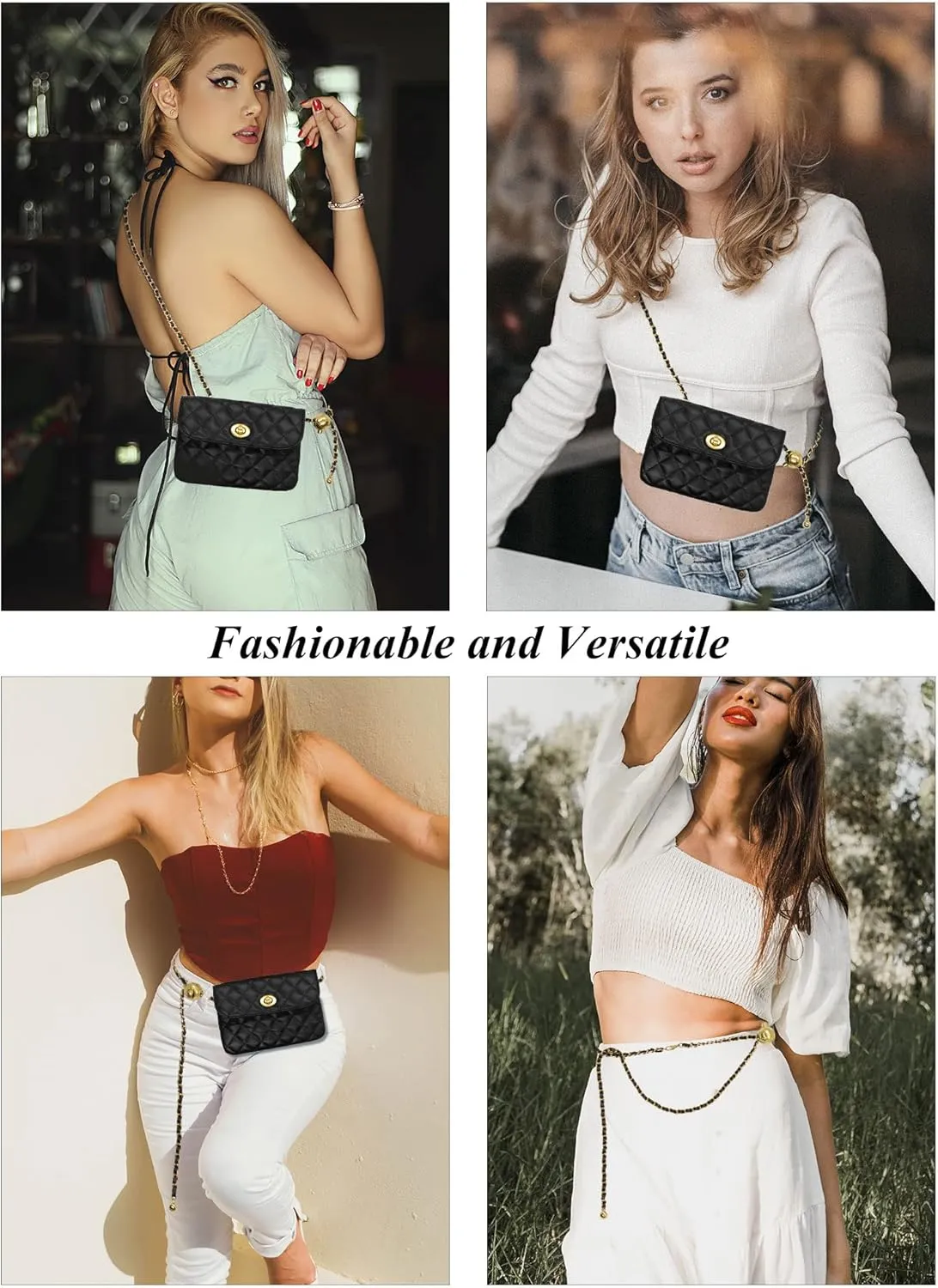 YAMEIZE PU Leather Chain Belt Bag for Women - Crossbody Waist Bag Fanny Pack Detachable Belt Chain Women Evening Mini Handbag