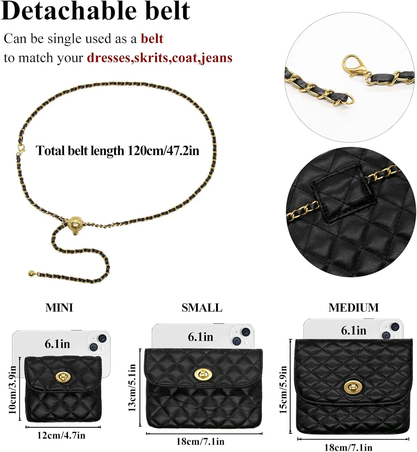 YAMEIZE PU Leather Chain Belt Bag for Women - Crossbody Waist Bag Fanny Pack Detachable Belt Chain Women Evening Mini Handbag