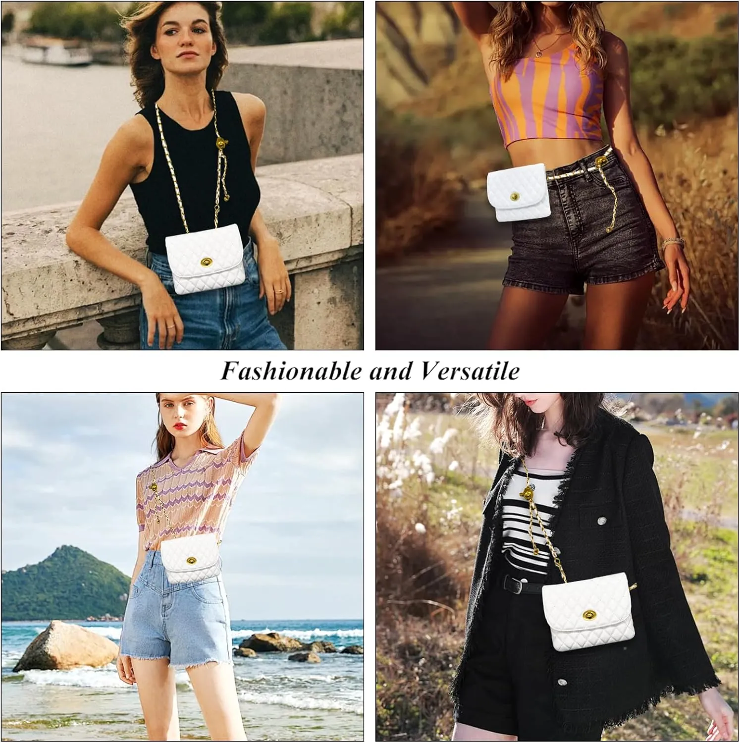 YAMEIZE PU Leather Chain Belt Bag for Women - Crossbody Waist Bag Fanny Pack Detachable Belt Chain Women Evening Mini Handbag