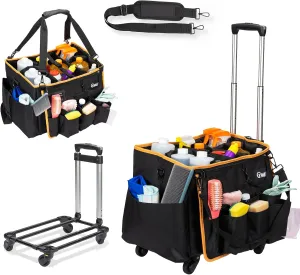 YMU Large Rolling Cleaning Caddy Bag With Detachable Trolley, 4 in 1 Portable Cart for Housekeeping With Swivel Caster & Shoulder Strap, Waterproof Supplies Organizer