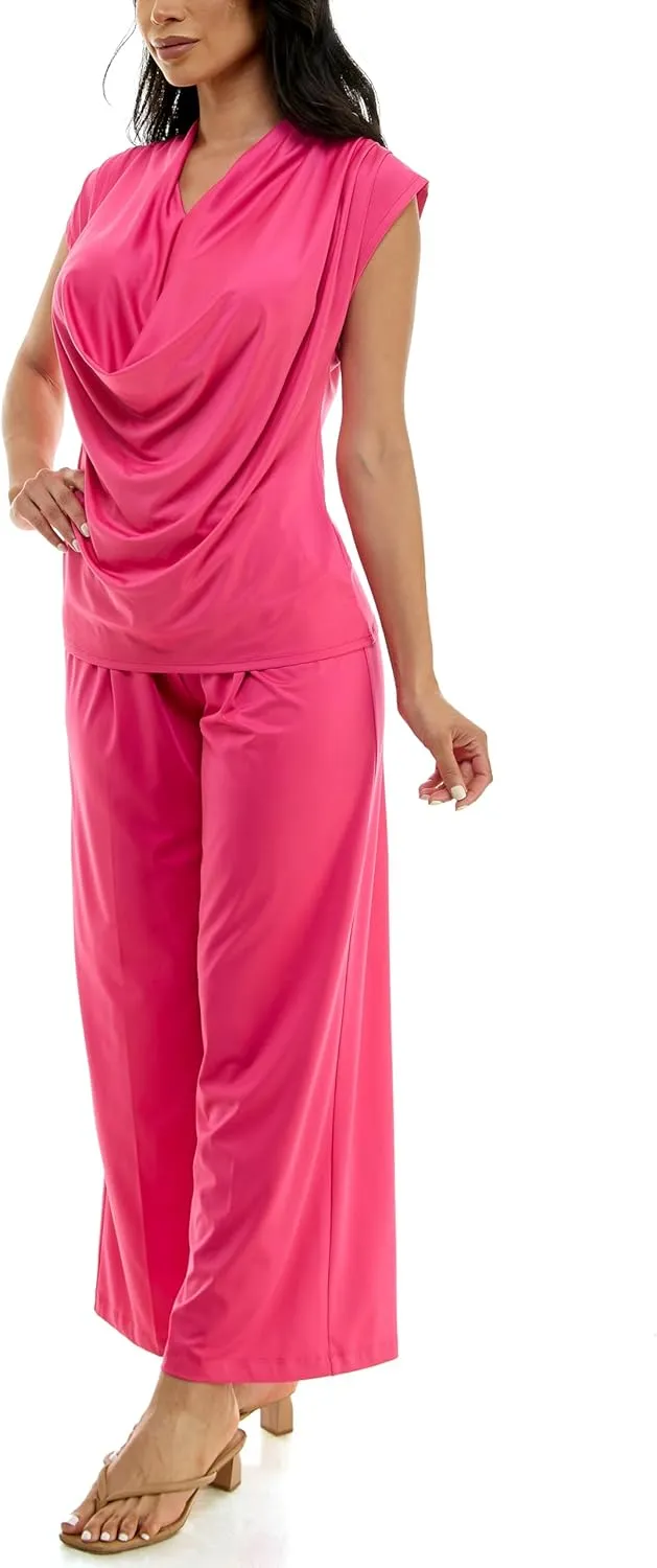 Zac & Rachel Women's Wide Leg Pull on Dty Knit Pant with Elastic Waist and Self Adjustable Tie Belt