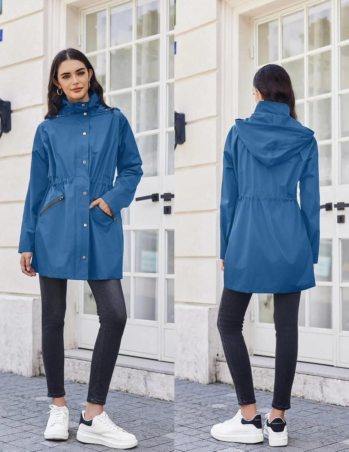 Zeagoo Raincoat Women Waterproof Long Hooded Rain Jacket Trench Coats Windbreaker Travel Jacket