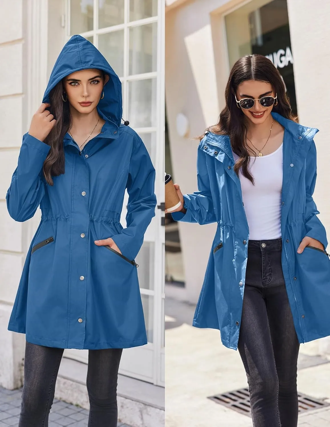 Zeagoo Raincoat Women Waterproof Long Hooded Rain Jacket Trench Coats Windbreaker Travel Jacket