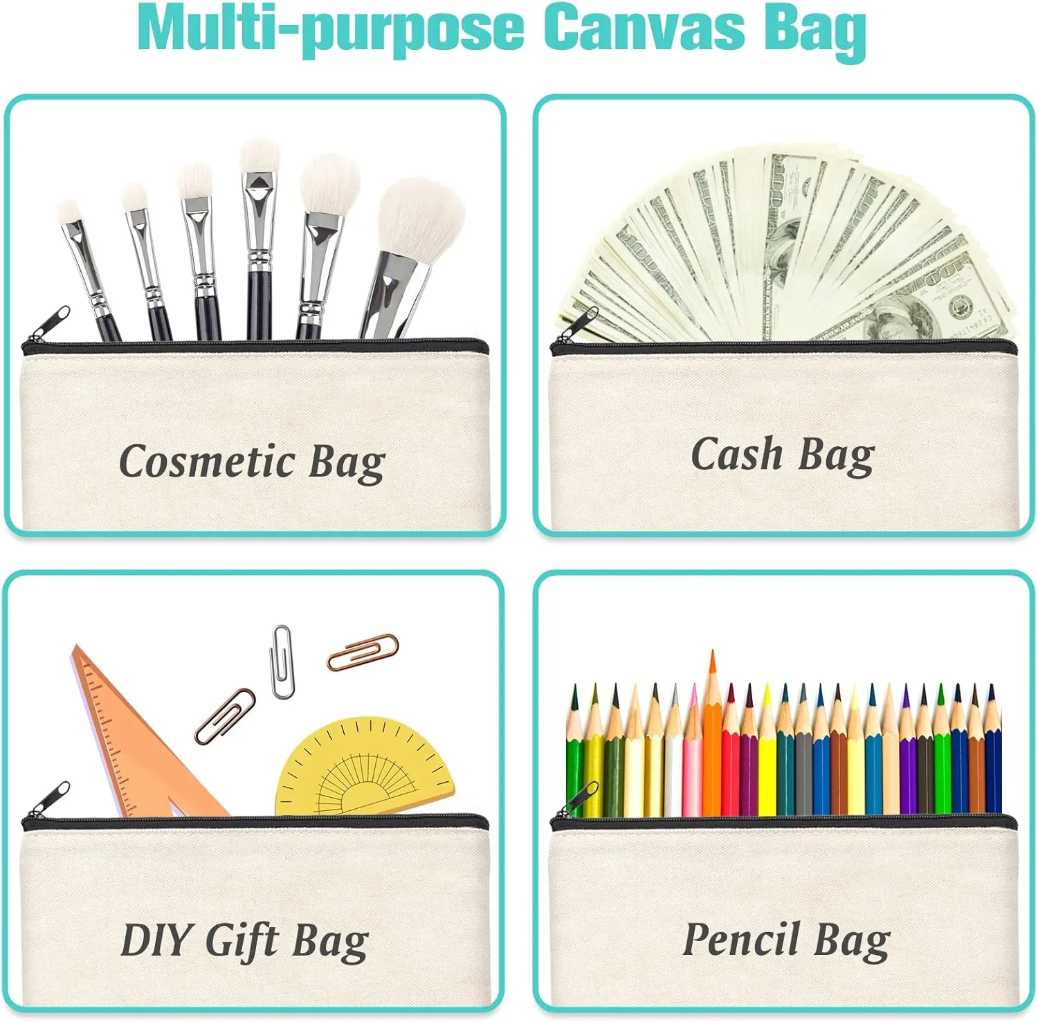 ZeeDix Canvas Pouch- Multi-purpose Cosmetic Bag with Zipper, DIY Craft Canvas Zipper Pouch Blank Makeup Bags Bulk Travel Toiletry Bag for Storage (8.3 x 5 inches)