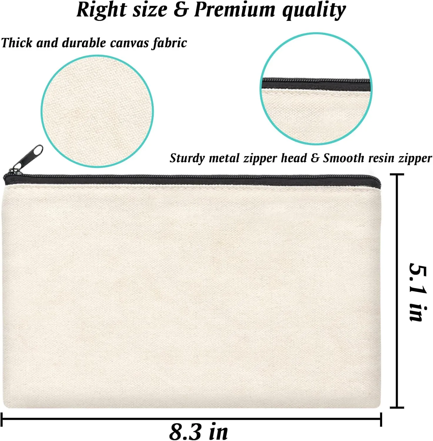 ZeeDix Canvas Pouch- Multi-purpose Cosmetic Bag with Zipper, DIY Craft Canvas Zipper Pouch Blank Makeup Bags Bulk Travel Toiletry Bag for Storage (8.3 x 5 inches)