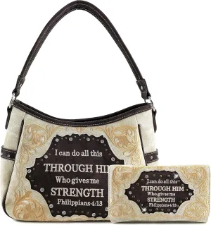 Zelris Bible Verse Philippians 4:13 Women Conceal Carry Hobo Purse Wallet Set