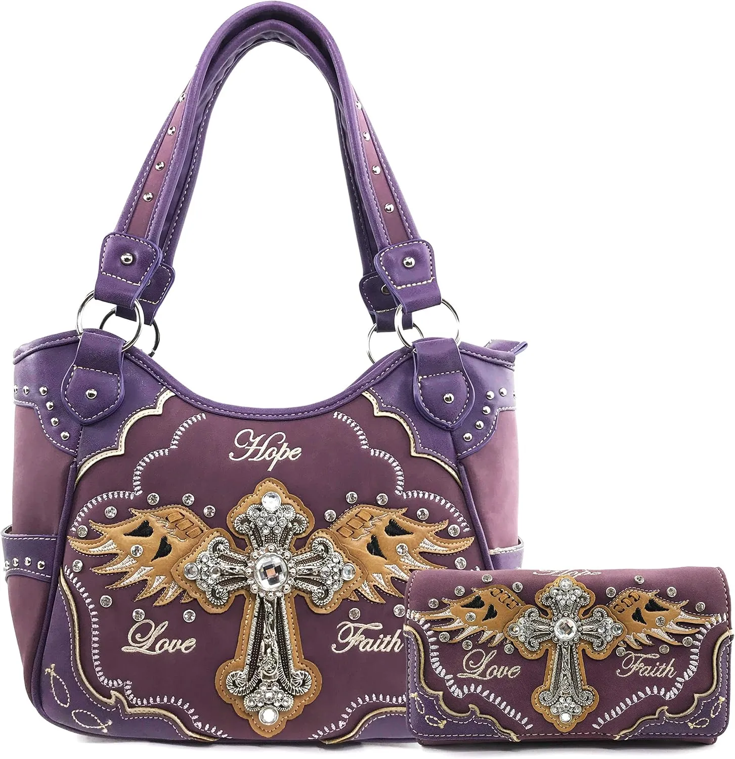 Zelris Faith Love Hope Cross Angel Wing Women Conceal Carry Women Tote Purse Set