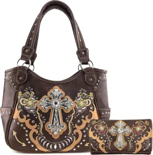 Zelris Floral Poppy Cross Western Women Conceal Carry Tote Handbag Purse Set