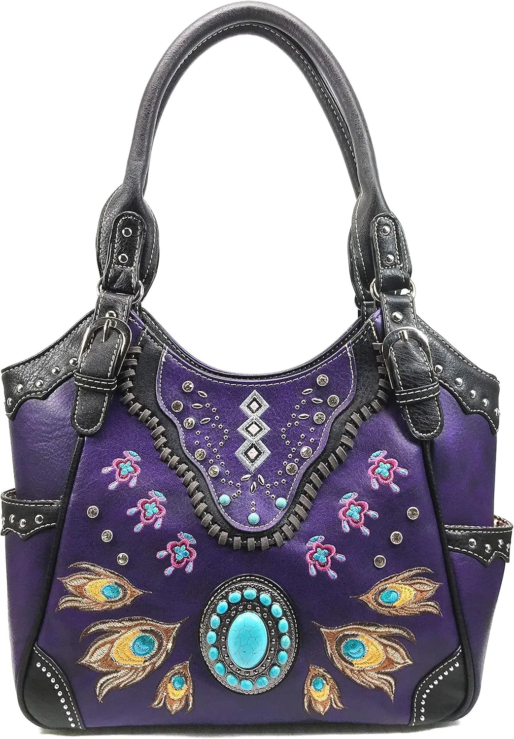 Zelris Turquoise Stone Concho Peacock Feather Women Conceal Carry Tote Purse Bag
