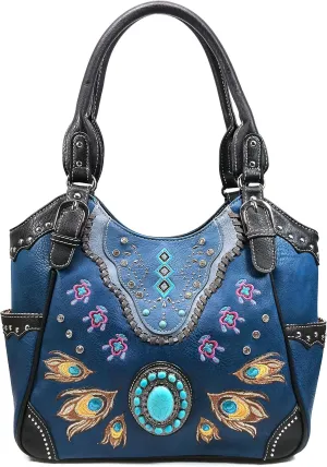 Zelris Turquoise Stone Concho Peacock Feather Women Conceal Carry Tote Purse Bag