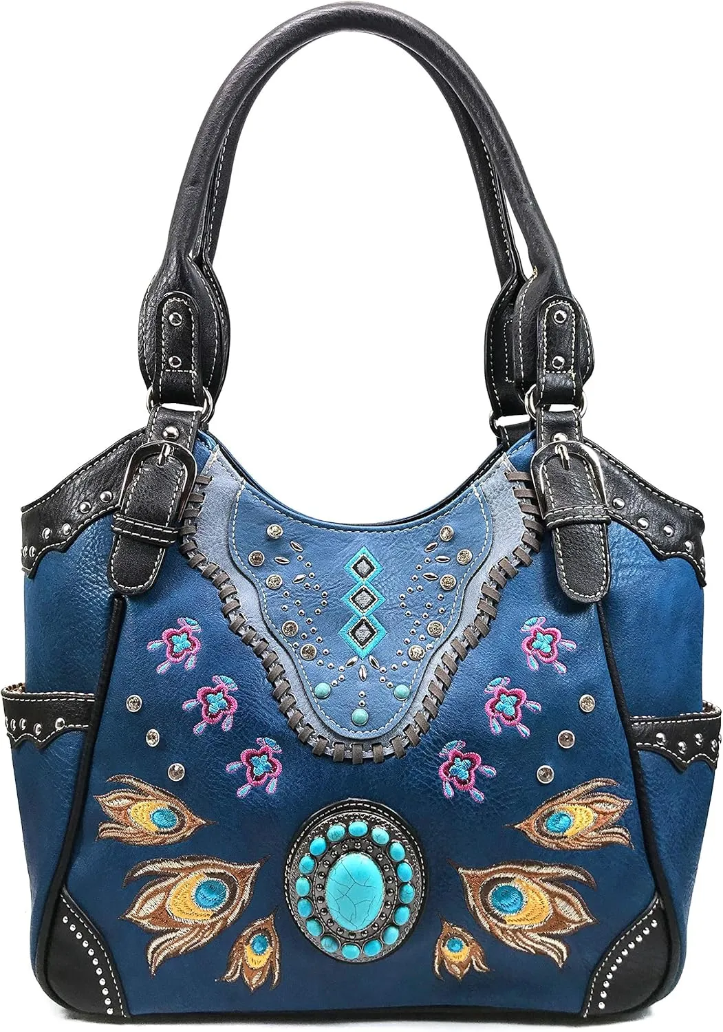 Zelris Turquoise Stone Concho Peacock Feather Women Conceal Carry Tote Purse Bag