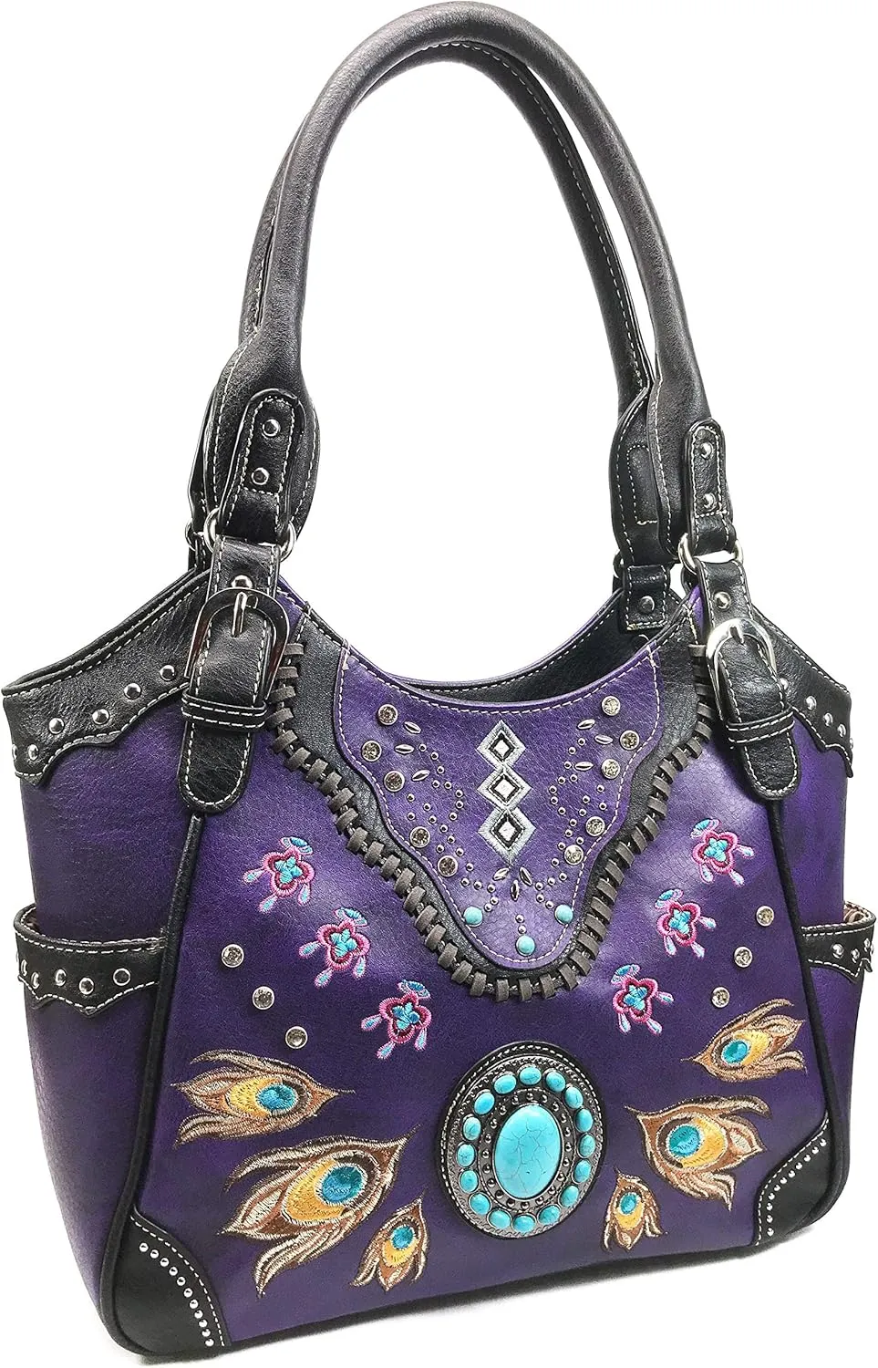 Zelris Turquoise Stone Concho Peacock Feather Women Conceal Carry Tote Purse Bag
