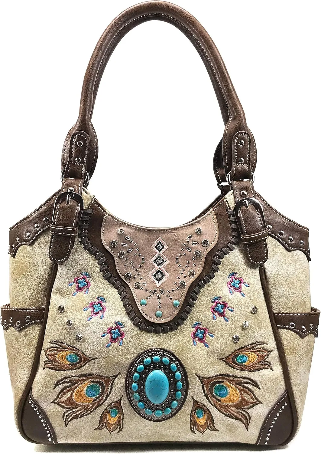 Zelris Turquoise Stone Concho Peacock Feather Women Conceal Carry Tote Purse Bag