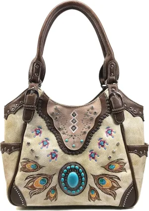 Zelris Turquoise Stone Concho Peacock Feather Women Conceal Carry Tote Purse Bag