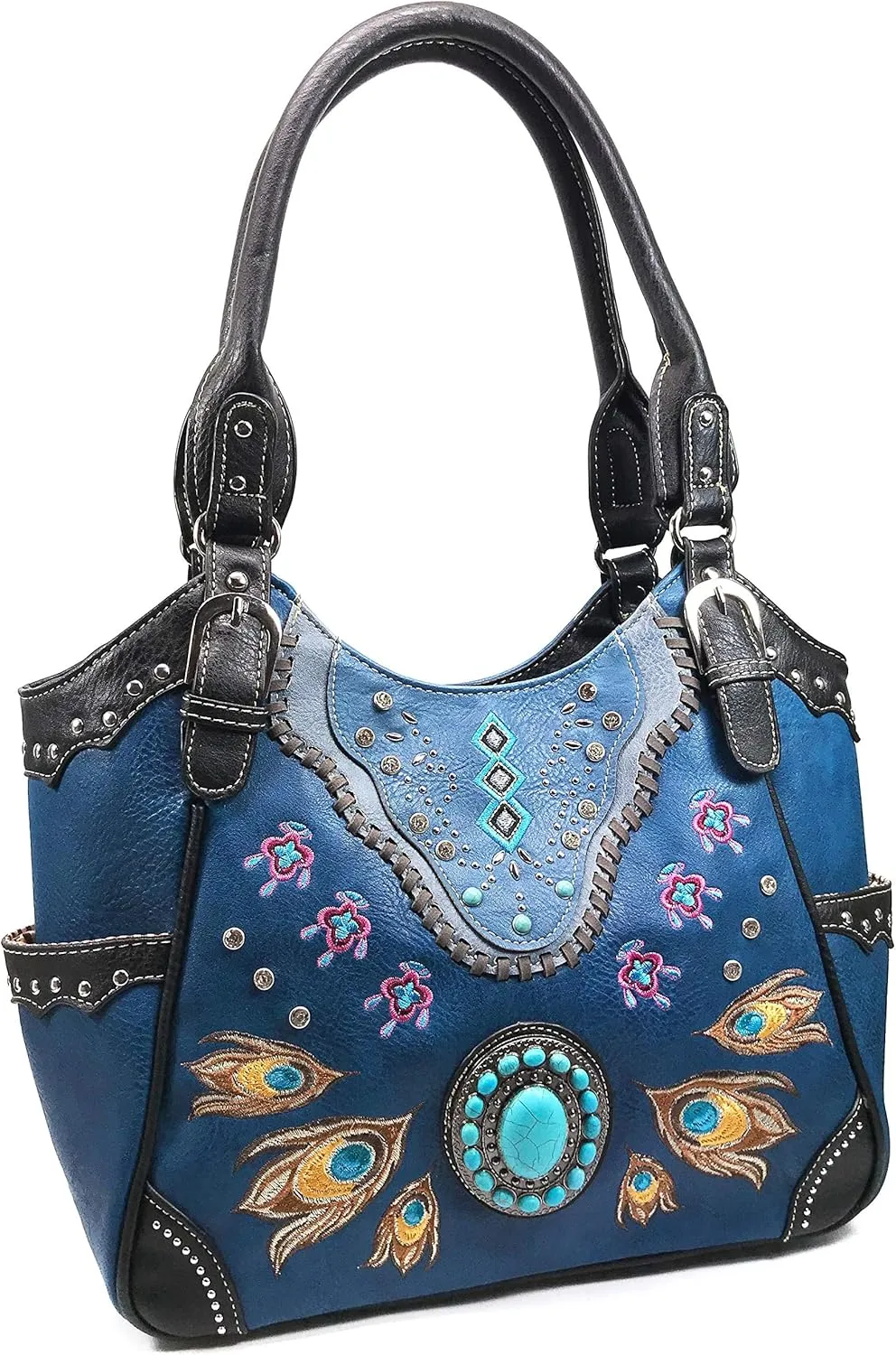 Zelris Turquoise Stone Concho Peacock Feather Women Conceal Carry Tote Purse Bag