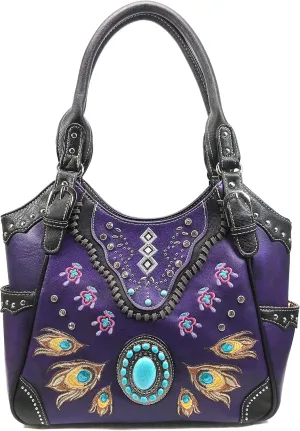 Zelris Turquoise Stone Concho Peacock Feather Women Conceal Carry Tote Purse Bag