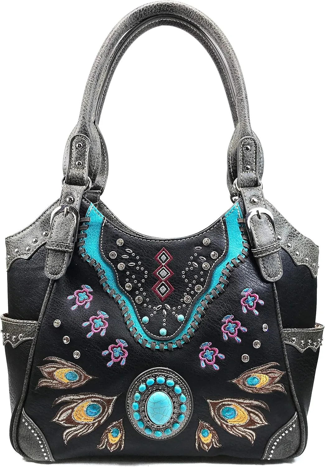 Zelris Turquoise Stone Concho Peacock Feather Women Conceal Carry Tote Purse Set