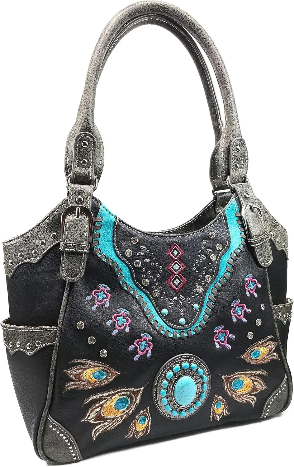Zelris Turquoise Stone Concho Peacock Feather Women Conceal Carry Tote Purse Set