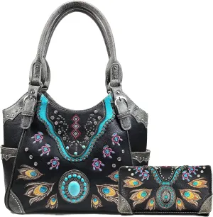 Zelris Turquoise Stone Concho Peacock Feather Women Conceal Carry Tote Purse Set