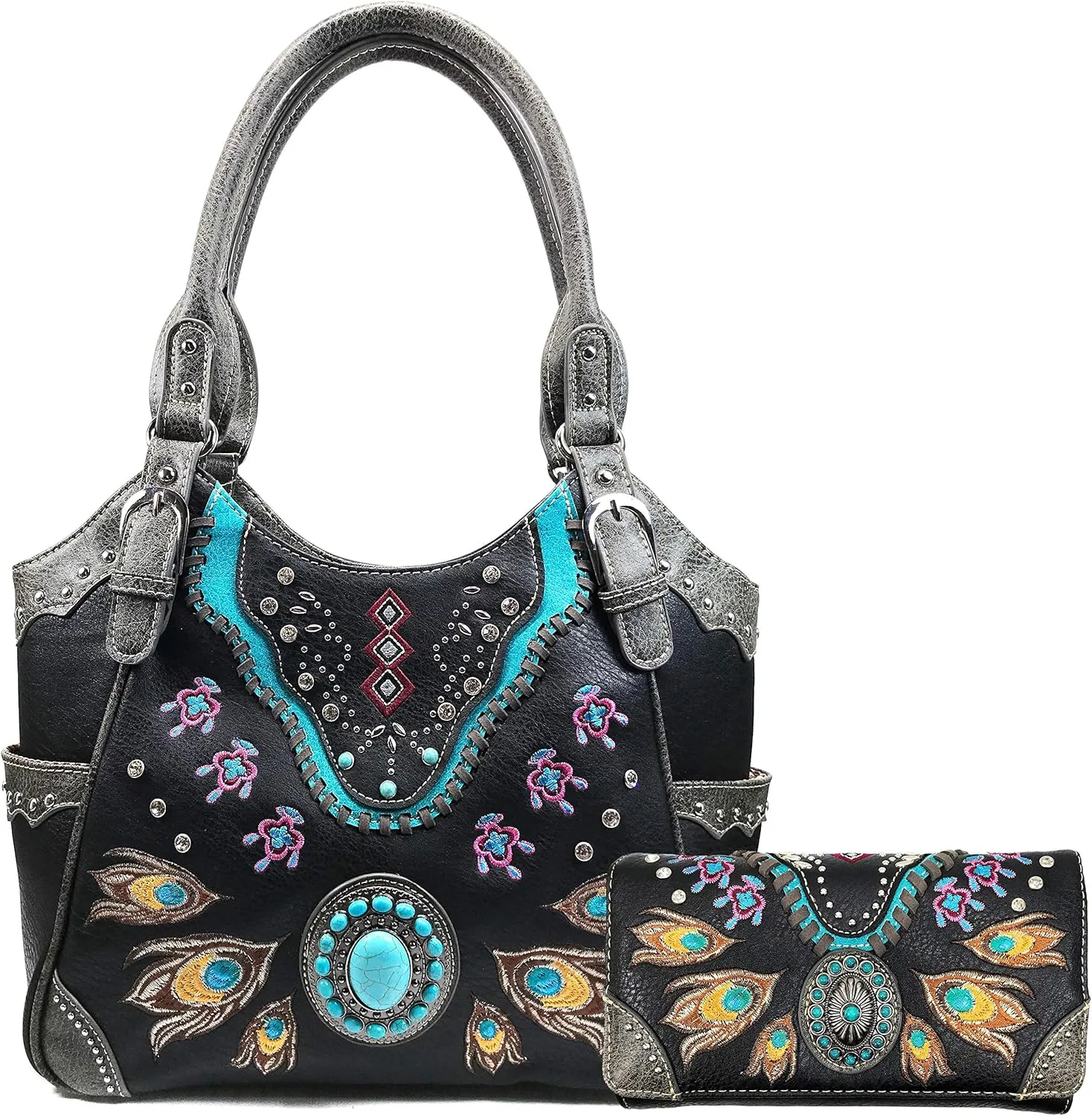 Zelris Turquoise Stone Concho Peacock Feather Women Conceal Carry Tote Purse Set