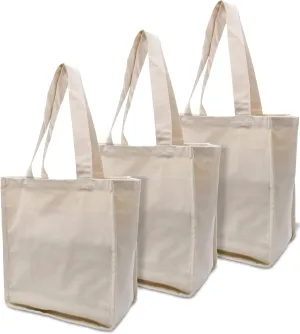 ZENPAC Large Fabric Grocery Bag with Handles and Interior Pockets, Reusable Canvas Tote, Organic, Eco-Friendly, Heavy Duty, Bulk, 13.5x16.5x8 3 Pack