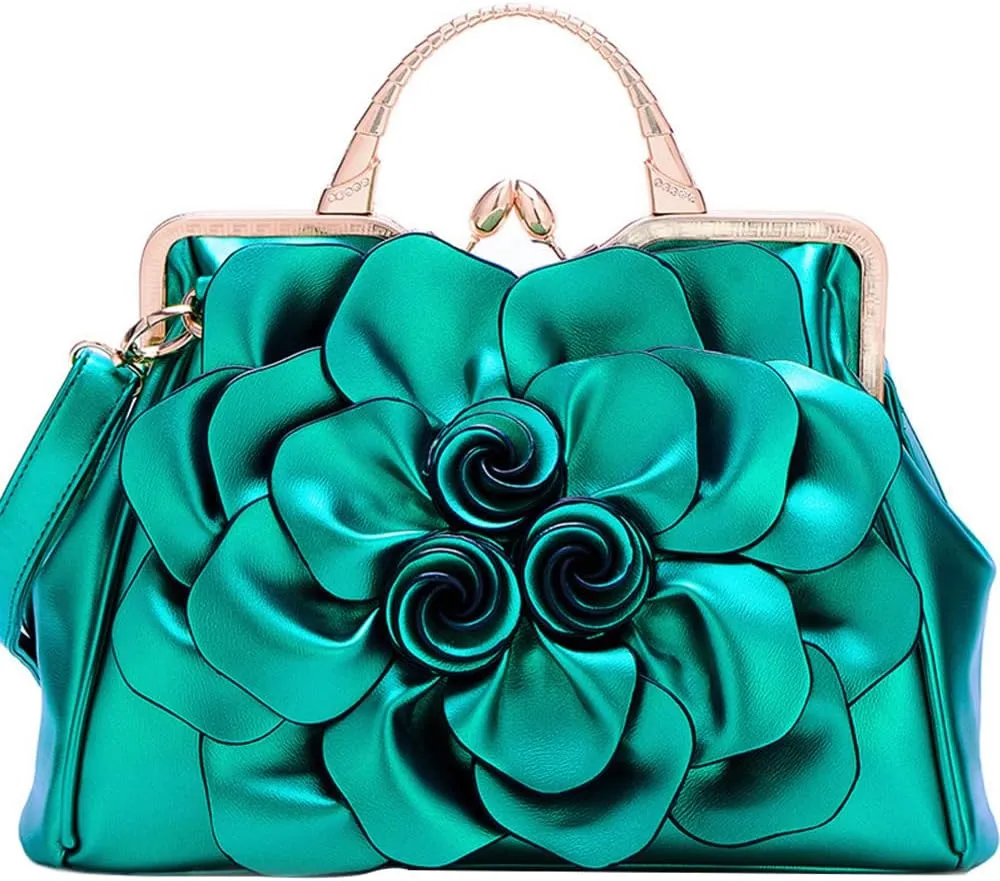 ZiMing 3D Floral Handbags for Women Genuine Leather Tote Bags Kiss Lock Purse Top Handle Bag Satchel Evening Bag Shoulder Bag