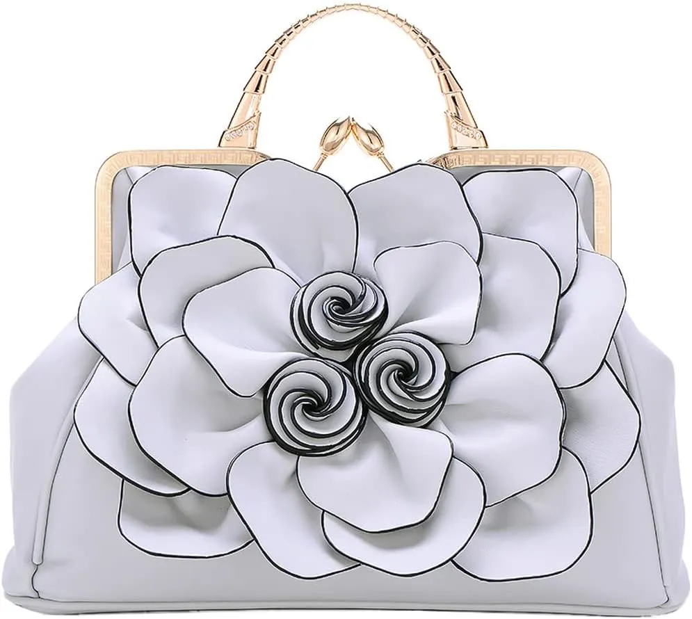 ZiMing 3D Floral Handbags for Women Genuine Leather Tote Bags Kiss Lock Purse Top Handle Bag Satchel Evening Bag Shoulder Bag