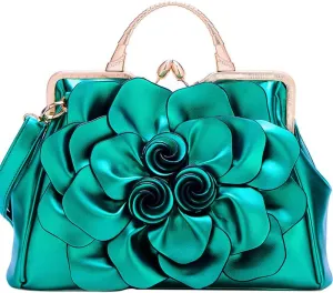 ZiMing 3D Floral Handbags for Women Genuine Leather Tote Bags Kiss Lock Purse Top Handle Bag Satchel Evening Bag Shoulder Bag