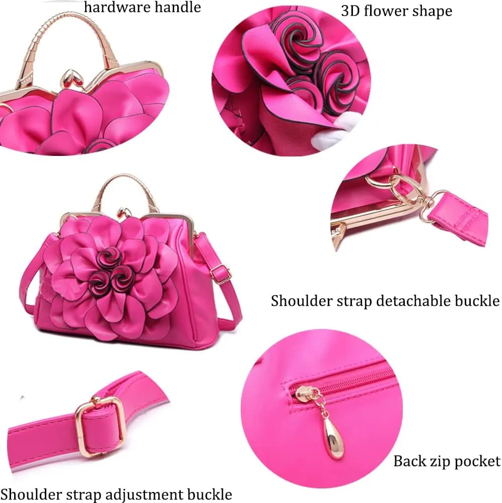 ZiMing 3D Floral Handbags for Women Genuine Leather Tote Bags Kiss Lock Purse Top Handle Bag Satchel Evening Bag Shoulder Bag