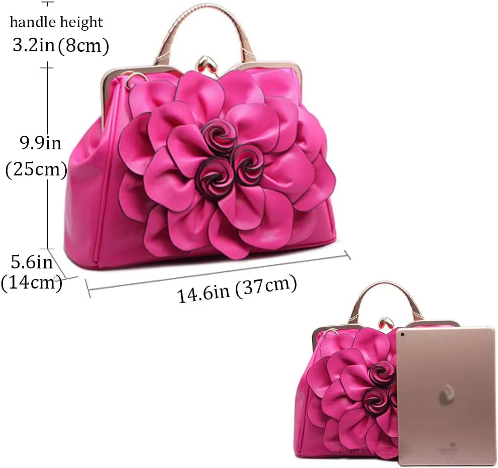 ZiMing 3D Floral Handbags for Women Genuine Leather Tote Bags Kiss Lock Purse Top Handle Bag Satchel Evening Bag Shoulder Bag