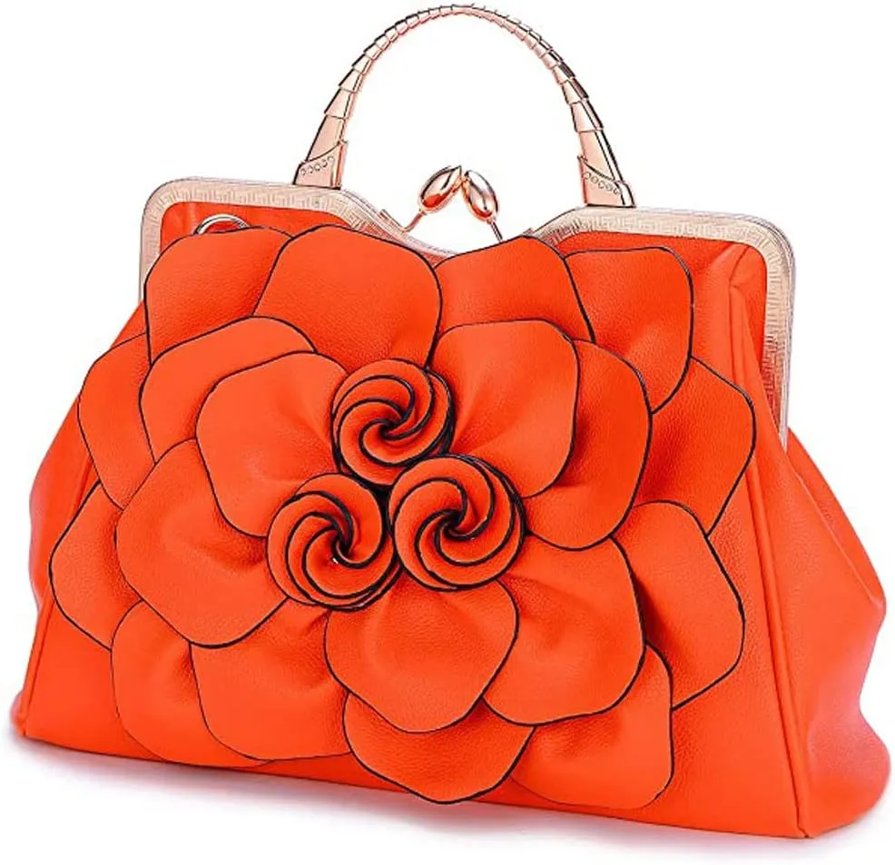 ZiMing 3D Floral Handbags for Women Genuine Leather Tote Bags Kiss Lock Purse Top Handle Bag Satchel Evening Bag Shoulder Bag
