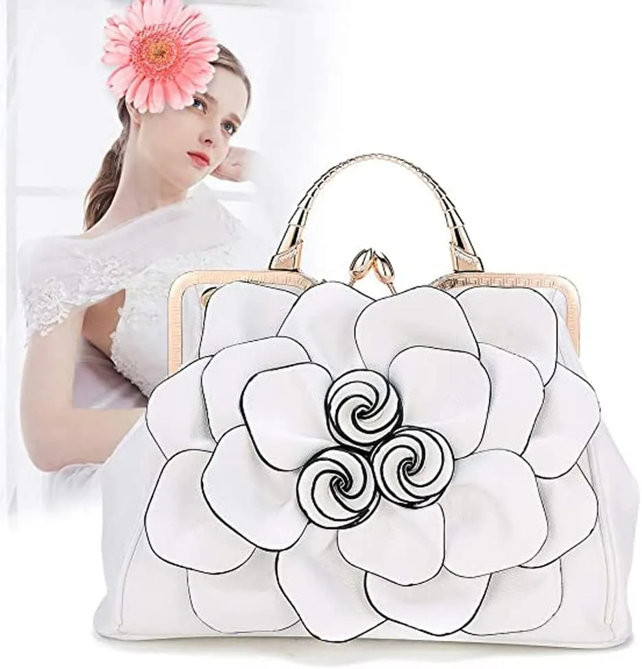 ZiMing 3D Floral Handbags for Women Genuine Leather Tote Bags Kiss Lock Purse Top Handle Bag Satchel Evening Bag Shoulder Bag