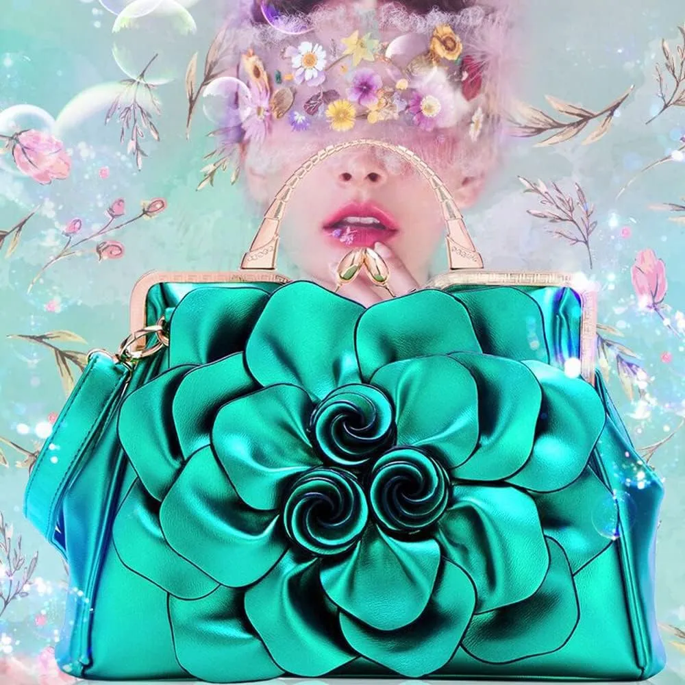 ZiMing 3D Floral Handbags for Women Genuine Leather Tote Bags Kiss Lock Purse Top Handle Bag Satchel Evening Bag Shoulder Bag