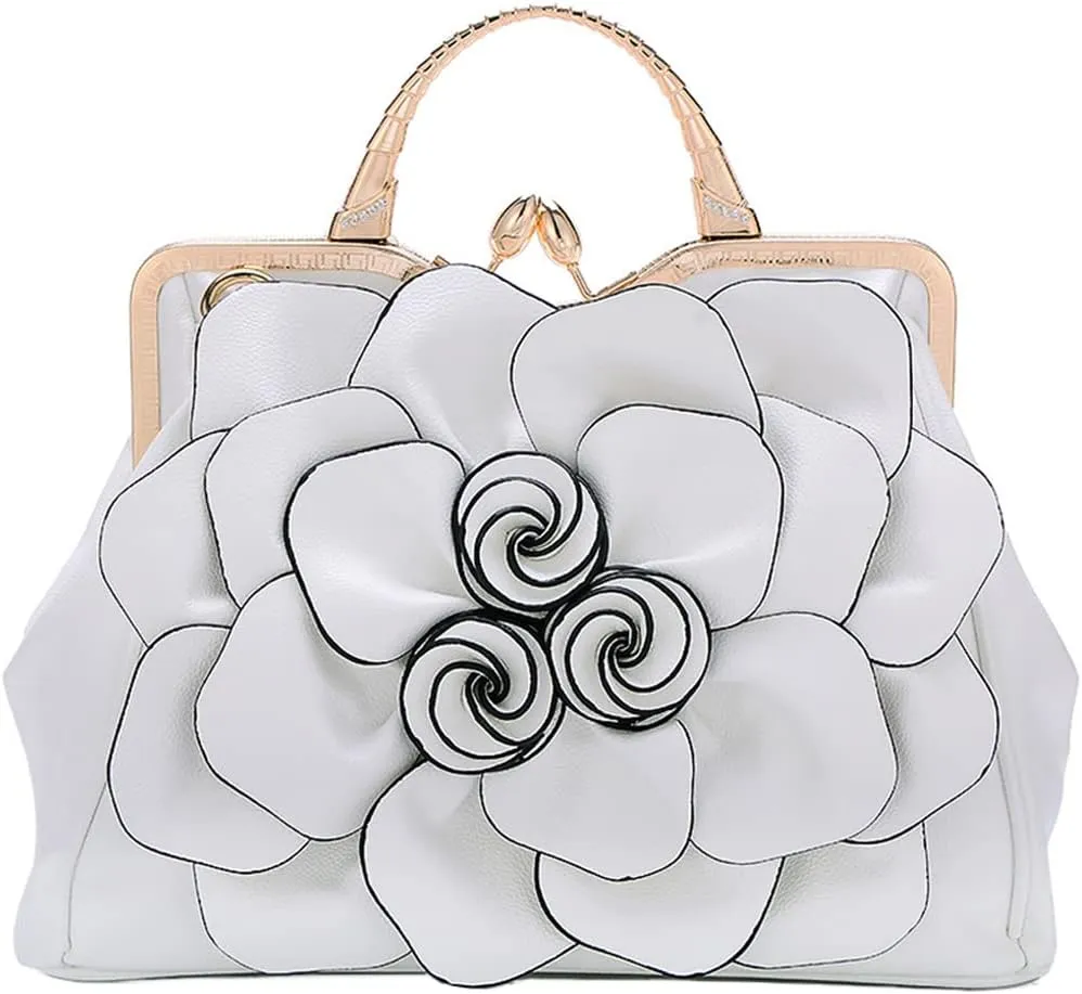 ZiMing 3D Floral Handbags for Women Genuine Leather Tote Bags Kiss Lock Purse Top Handle Bag Satchel Evening Bag Shoulder Bag
