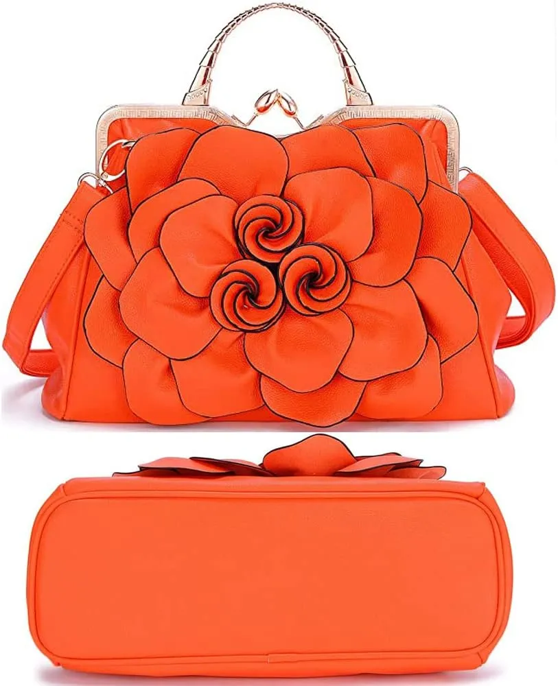 ZiMing 3D Floral Handbags for Women Genuine Leather Tote Bags Kiss Lock Purse Top Handle Bag Satchel Evening Bag Shoulder Bag