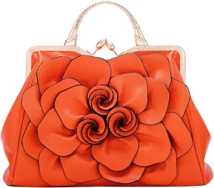 ZiMing 3D Floral Handbags for Women Genuine Leather Tote Bags Kiss Lock Purse Top Handle Bag Satchel Evening Bag Shoulder Bag