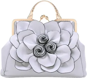 ZiMing 3D Floral Handbags for Women Genuine Leather Tote Bags Kiss Lock Purse Top Handle Bag Satchel Evening Bag Shoulder Bag