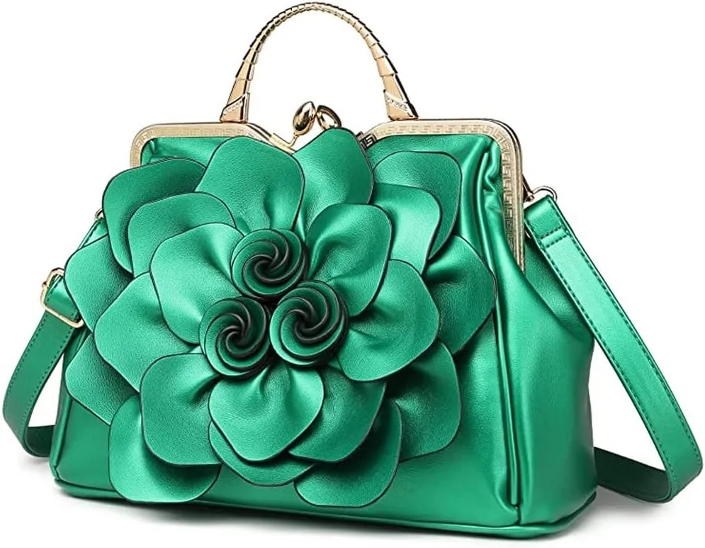 ZiMing 3D Floral Handbags for Women Genuine Leather Tote Bags Kiss Lock Purse Top Handle Bag Satchel Evening Bag Shoulder Bag