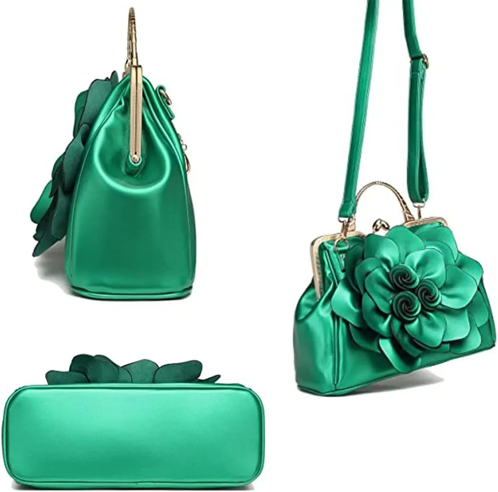 ZiMing 3D Floral Handbags for Women Genuine Leather Tote Bags Kiss Lock Purse Top Handle Bag Satchel Evening Bag Shoulder Bag
