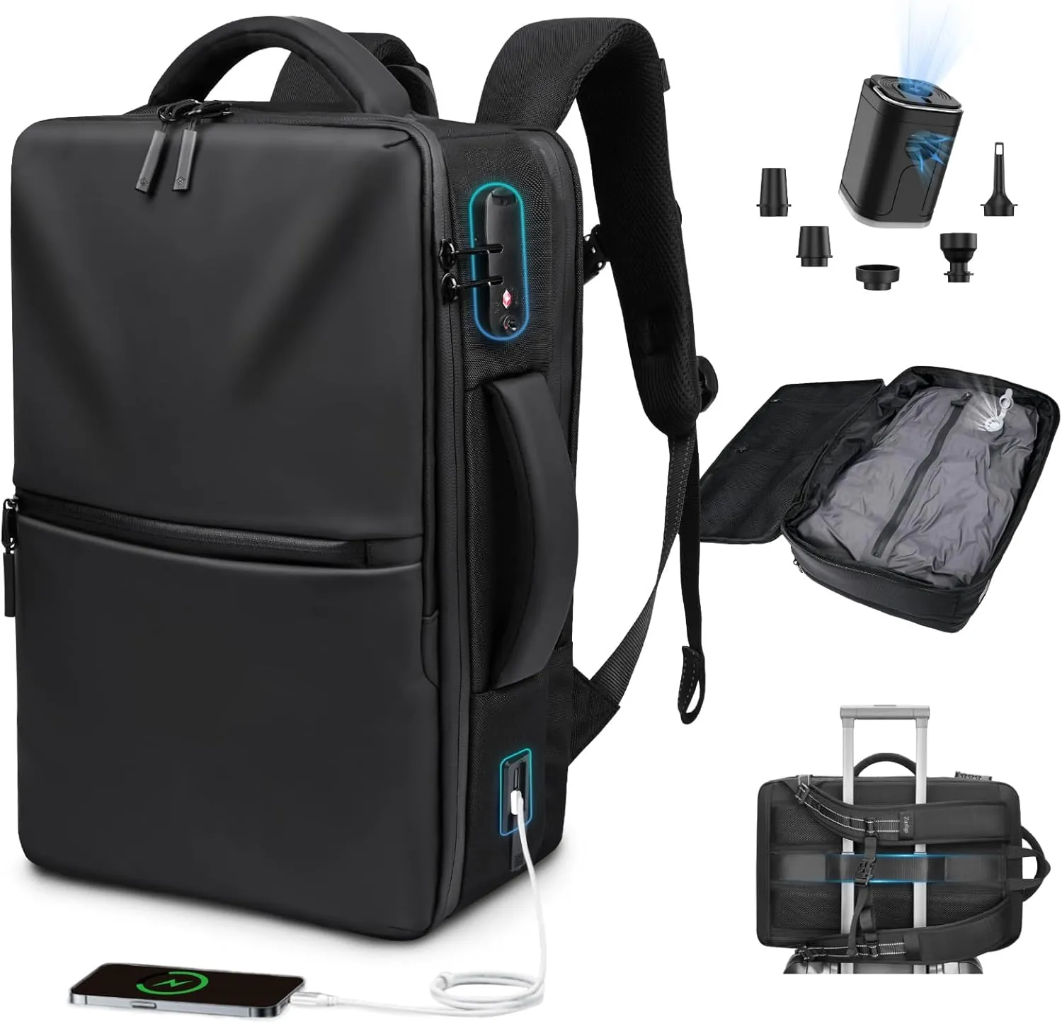Zurligi Air Vacuum Backpack for Travel - 60L Expandable Carry On Backpack for Airplane, Vacuum Compression with Pump, USB Port, TSA Lock, for Business, College, Laptop, Camping, Weekender