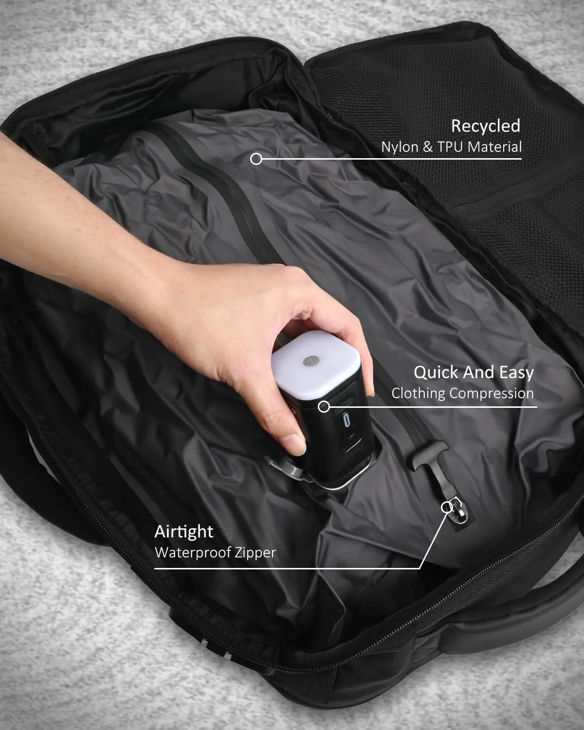 Zurligi Air Vacuum Backpack for Travel - 60L Expandable Carry On Backpack for Airplane, Vacuum Compression with Pump, USB Port, TSA Lock, for Business, College, Laptop, Camping, Weekender